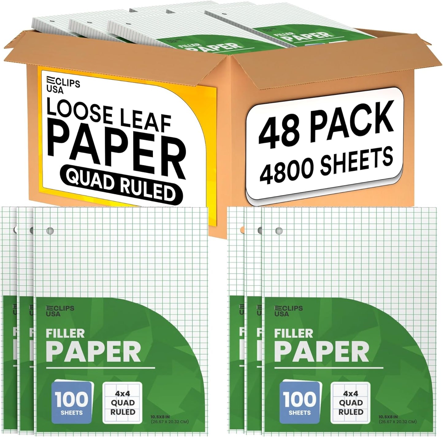 Loose Leaf Graph Paper (48 Pack Bulk), 4 x 4 An Inch Quad Ruled Graph Paper, 10.5” x 8” Graphing Paper, 100 Per Sheets Per Pack, 60 gsm (48 Pack)