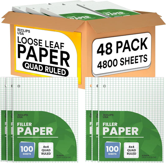 Loose Leaf Graph Paper (48 Pack Bulk), 4 x 4 An Inch Quad Ruled Graph Paper, 10.5” x 8” Graphing Paper, 100 Per Sheets Per Pack, 60 gsm (48 Pack)
