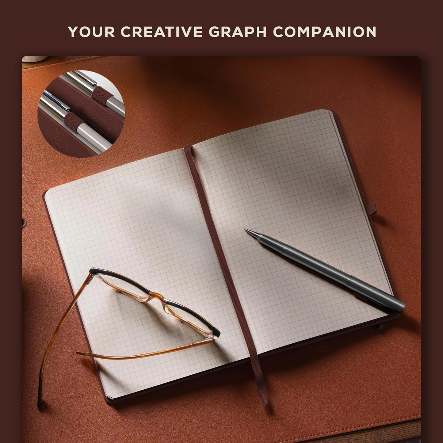 BEECHMORE BOOKS Graph Paper Notebook - Regular, Brown | Premium Square Grid Math & Science Journal | 5.75" x 8.25" Hardcover Vegan Leather | Thick 120gsm Cream Graph Paper | Gift Box for Men & Women