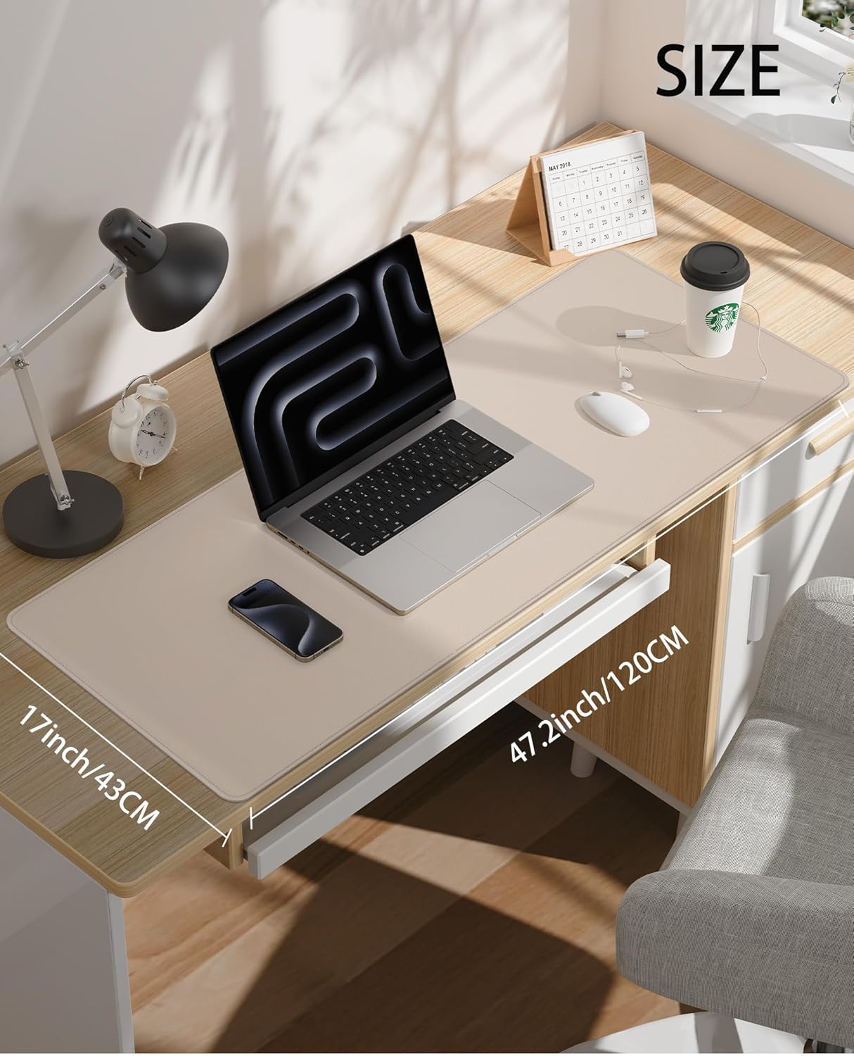 Large Desk Pad Mat - Waterproof Mouse Pad & Desk Protector, Non-Slip XL PU Leather Gaming Mat for Keyboard/Mouse, Stitched Edge with Ergonomic Support, 47"x17" (Beige)