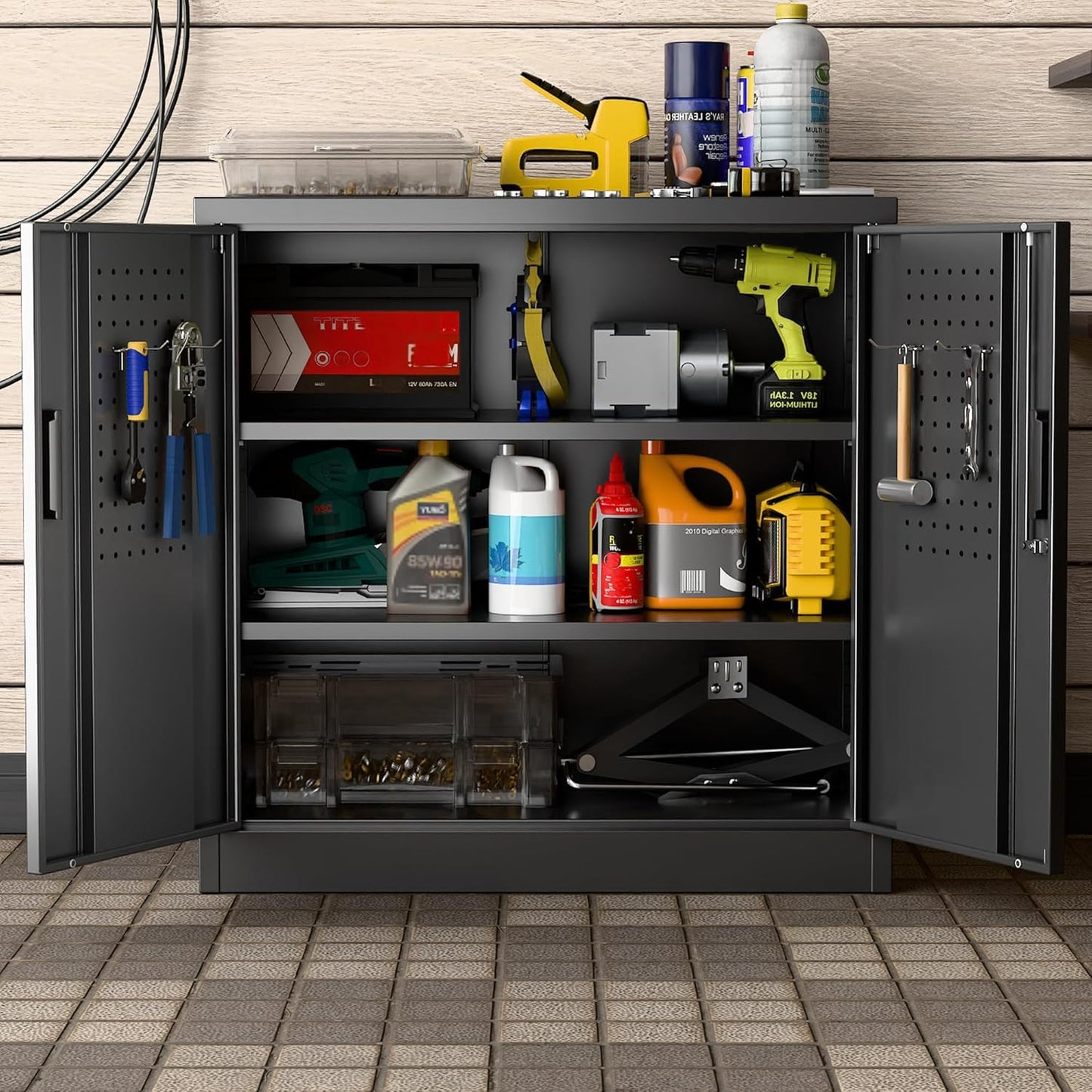 Aobabo 31.5" H Small Garage Storage Cabinet with Pegboard,Lockable File Storage Cabinet with 2 Adjustable Shelves for Garage, Office, School, Assembly Require, Black