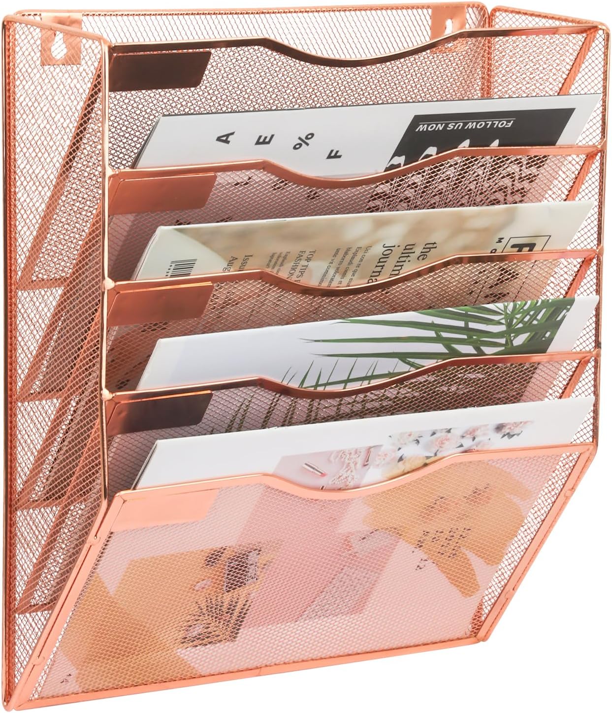 EASEPRES 5 Pocket Mesh Hanging Wall File Organizer, Wall Mounted Mail Paper Document Folder Holder, Clipboard Storage Organization Magazine Rack with Nametag Label for Office Home School, Rose Gold