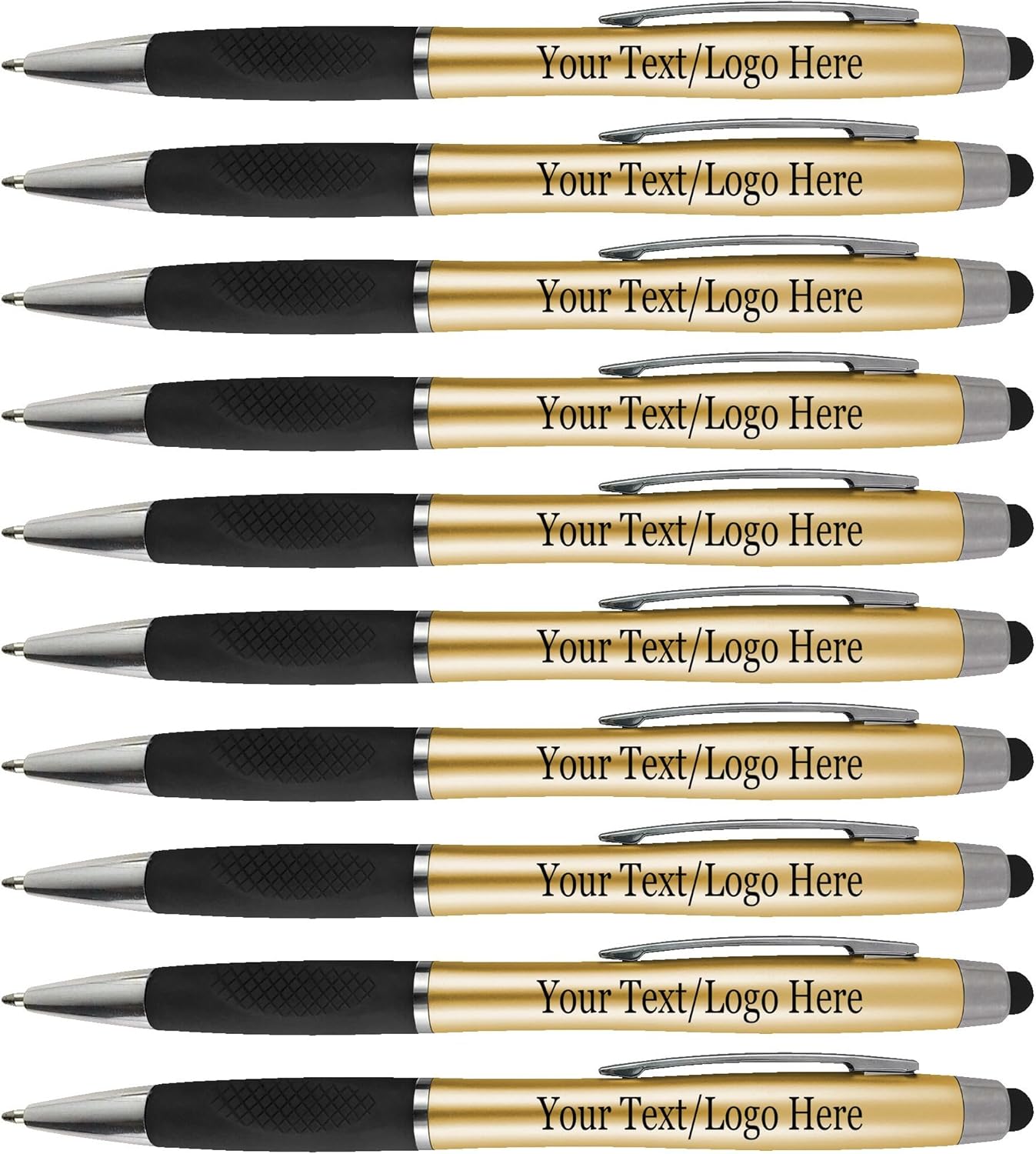 Personalized Pens With your Custom Logo or Text-300 Pack Bulk-for Businesses, Parties, and Events, 2 in 1 Ballpoint Pen + Capacitive Stylus Compatible with Touchscreen Devices, Gold Barrel, Blue Ink