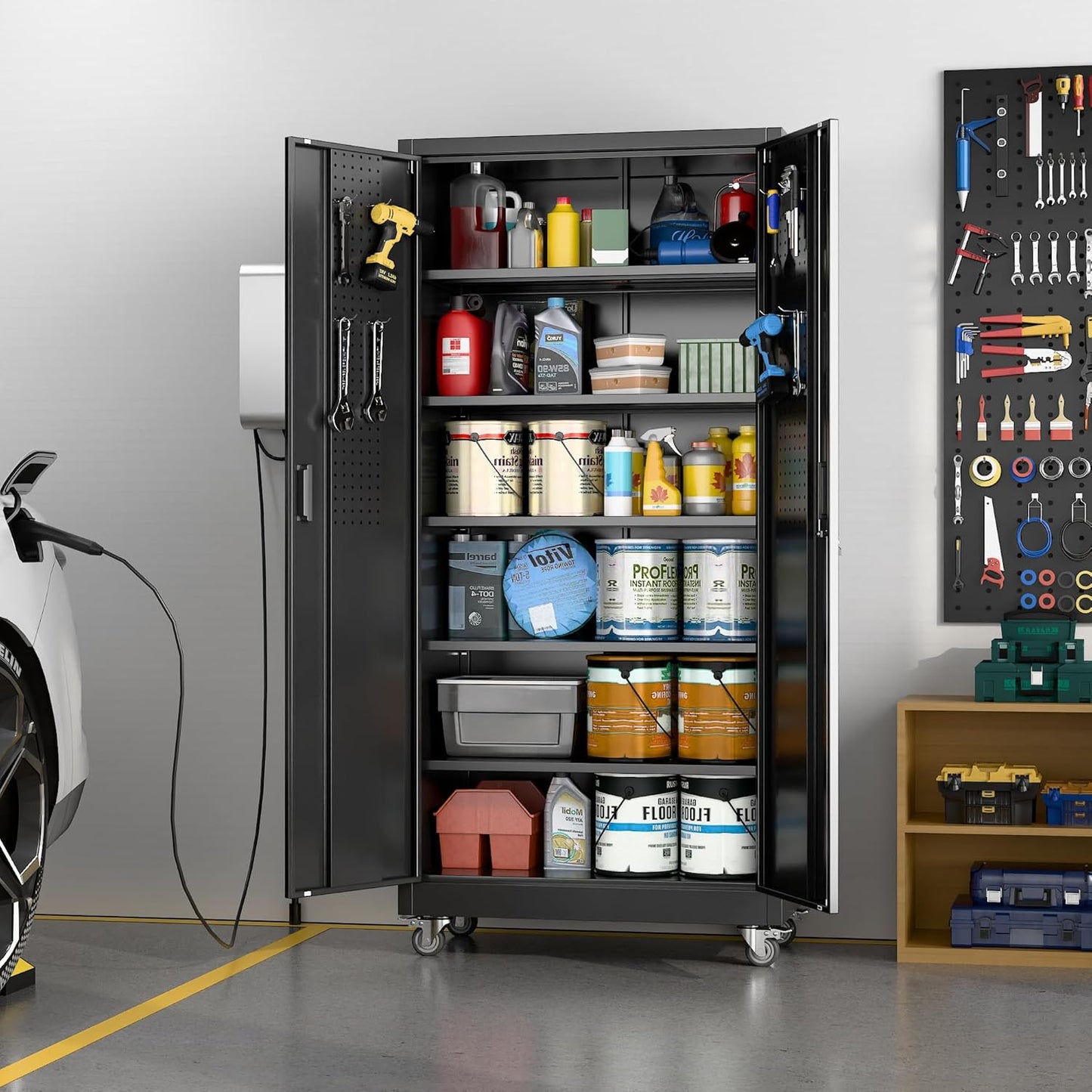 Aobabo Upgraded Garage Storage Cabinets with Wheels,Metal Storage Cabinets with 5 Adjustable Shelves for Garage Home Office Storage, Black,71''H*34''W*18''D,Assembly Required