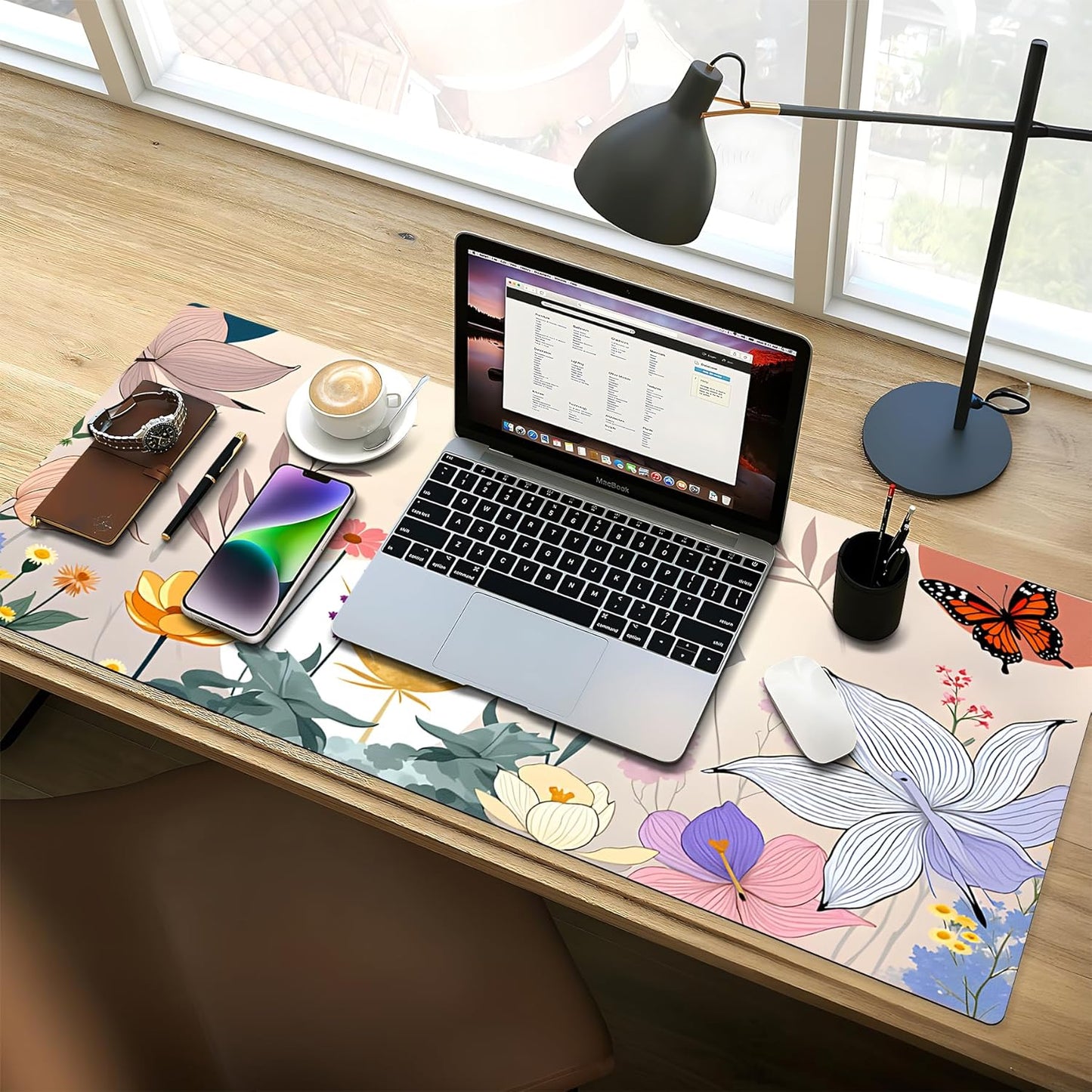 Large Gaming Mouse Pad (31.5"x11.8") - XXL PU Leather Waterproof Desk Mat with Non-Slip Rubber Base for Keyboard, PC & Office (Flower-Butterfly)