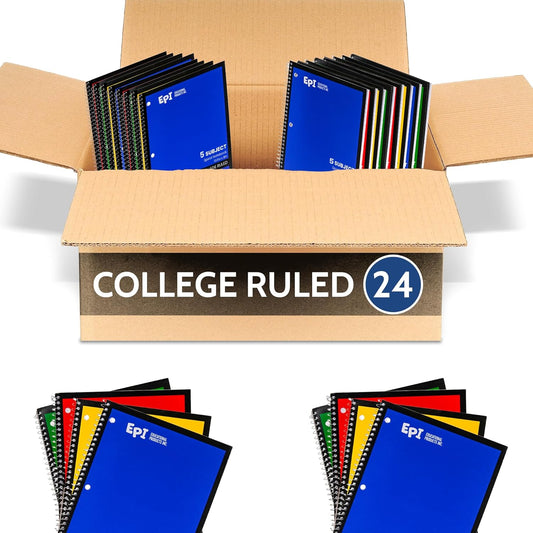 EPI Spiral Notebook | 5 Subject - College Ruled - 180 Sheets, Durable Spiral Binding | 10.5 x 8 in | Classroom Supplies | School, Office, Note Taking, Journaling - 24 Pack