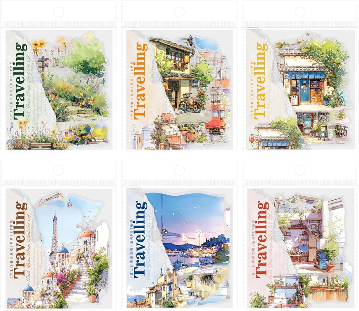 120 Pieces Vintage Traveling Landscape Creation PET Stickers, 6 Pack Aesthetic Decorative Stickers for Scrapbooking DIY Diary Junk Journal Handbook Album Decoration Journaling Scrapbooking Supplies