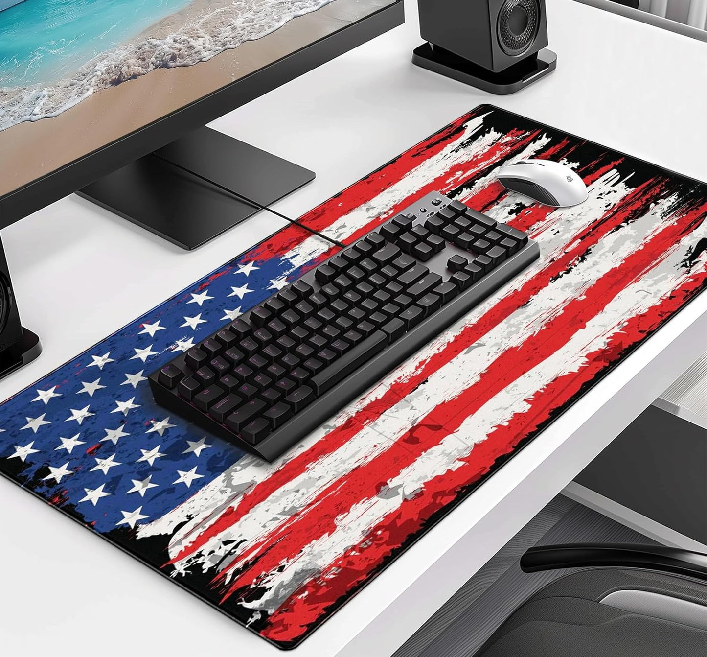 Oversized American Flag Computer Desk Pad, Non Slip Keyboard Pad, Custom Thick Seam Edge Office and Home Mouse Pad 35.4 x 15.7 Inches