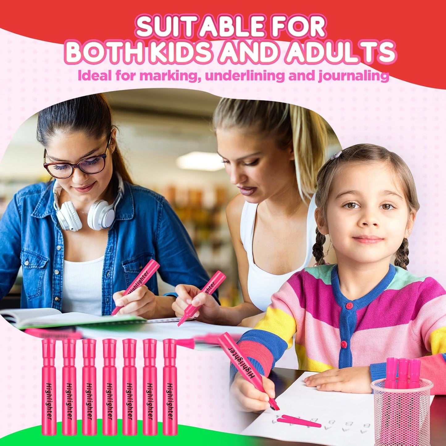 Qilery 24 Pack Tank Style Highlighters Chisel Tip Highlighters Bulk Colored Markers for Adult Coloring, Home Office Supplie(Pink)