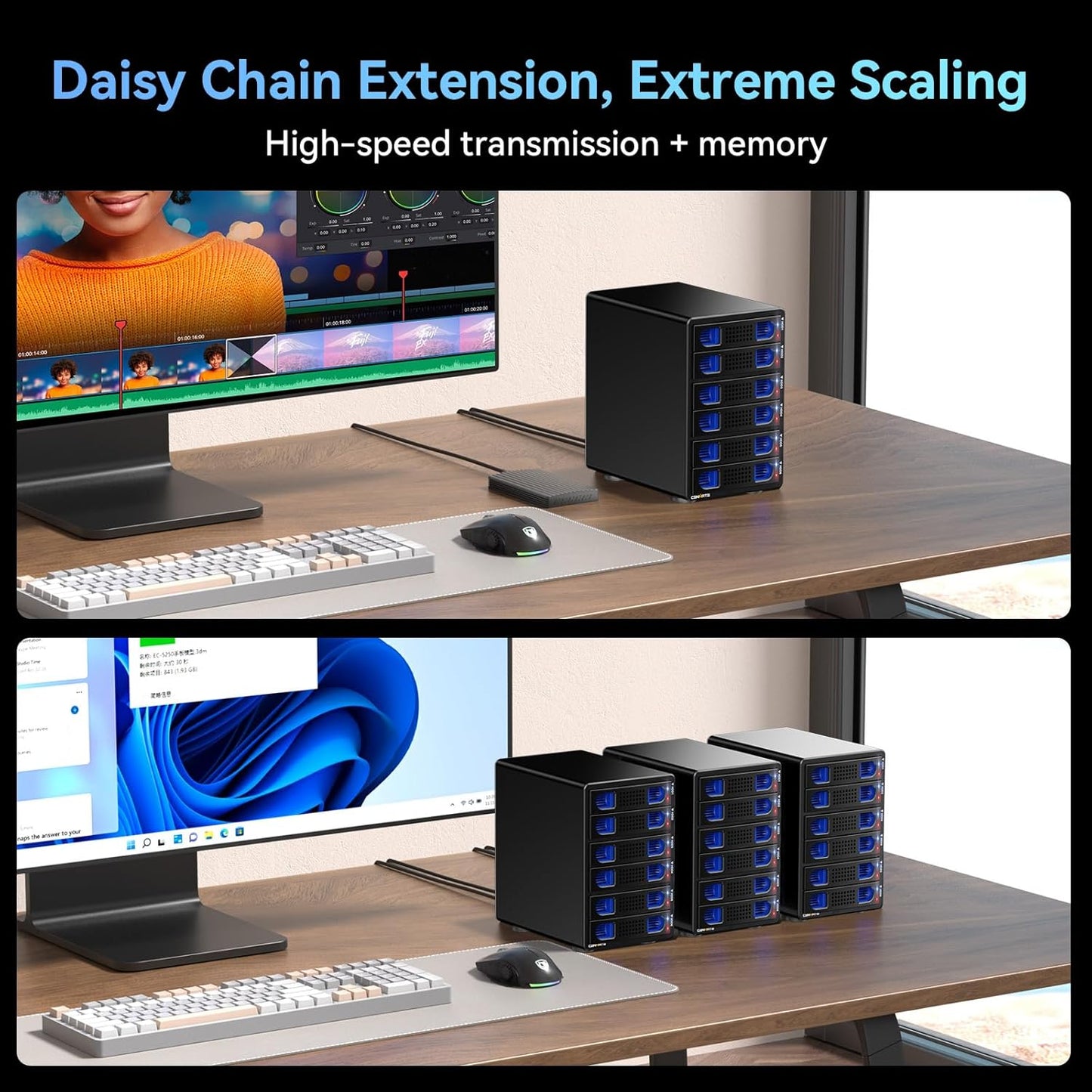 6 Bay Hard Drive Enclosure with Cooling Fan for 2.5“/3.5" SATA HDD/SSD with USB A/C 3.0, Support Hot Swappable, Daisy Chain Expansion, Tool-Free HDD Enclosure, DAS(NO RAID/NAS)