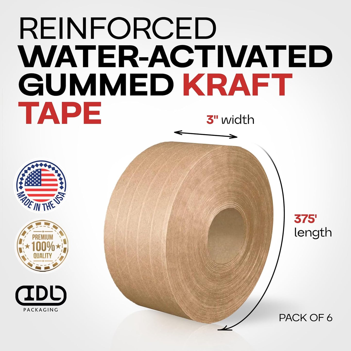 IDL Packaging 3" x 375 feet Reinforced Water-Activated Kraft Gummed Tape 70lb Thickness (Pack of 6) - Secure Paper Packing Tape for Secure Carton Sealing - Heavy-Duty for All Conditions, Brown
