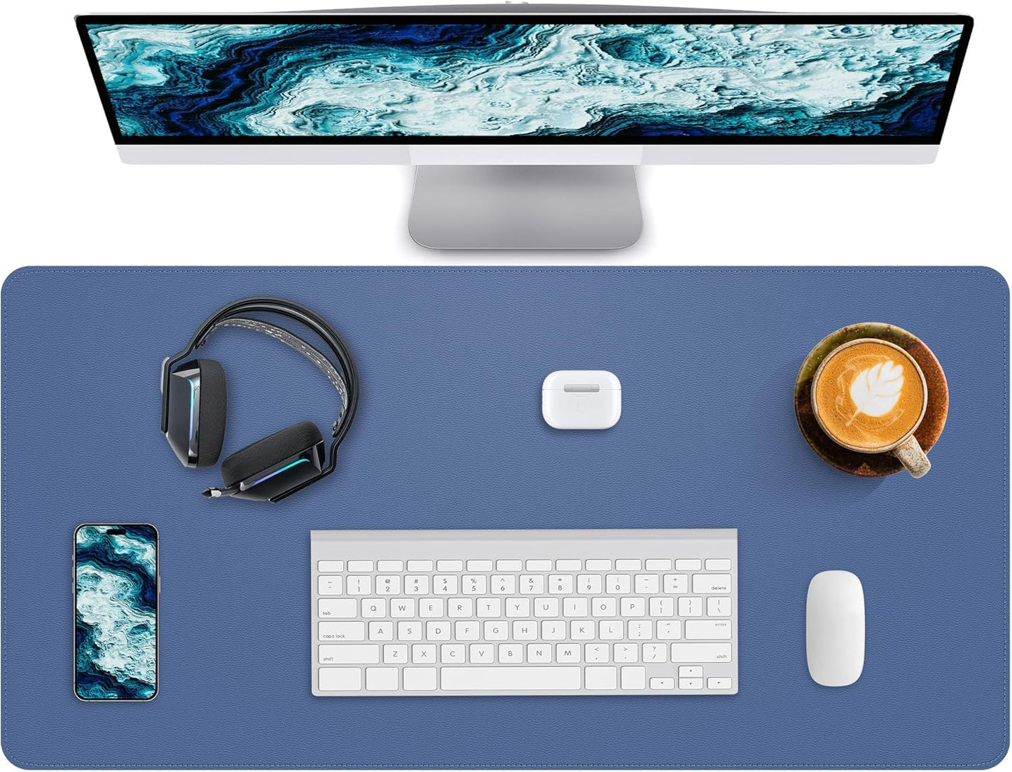 Desk Pad Mat - Leather Desk Pad Protector for Office and Home - Desk Organization and Accessories - Ideal for Large Mouse Pad and Desk Mats on Top of Desks(Grey Blue,35.4" x 17")