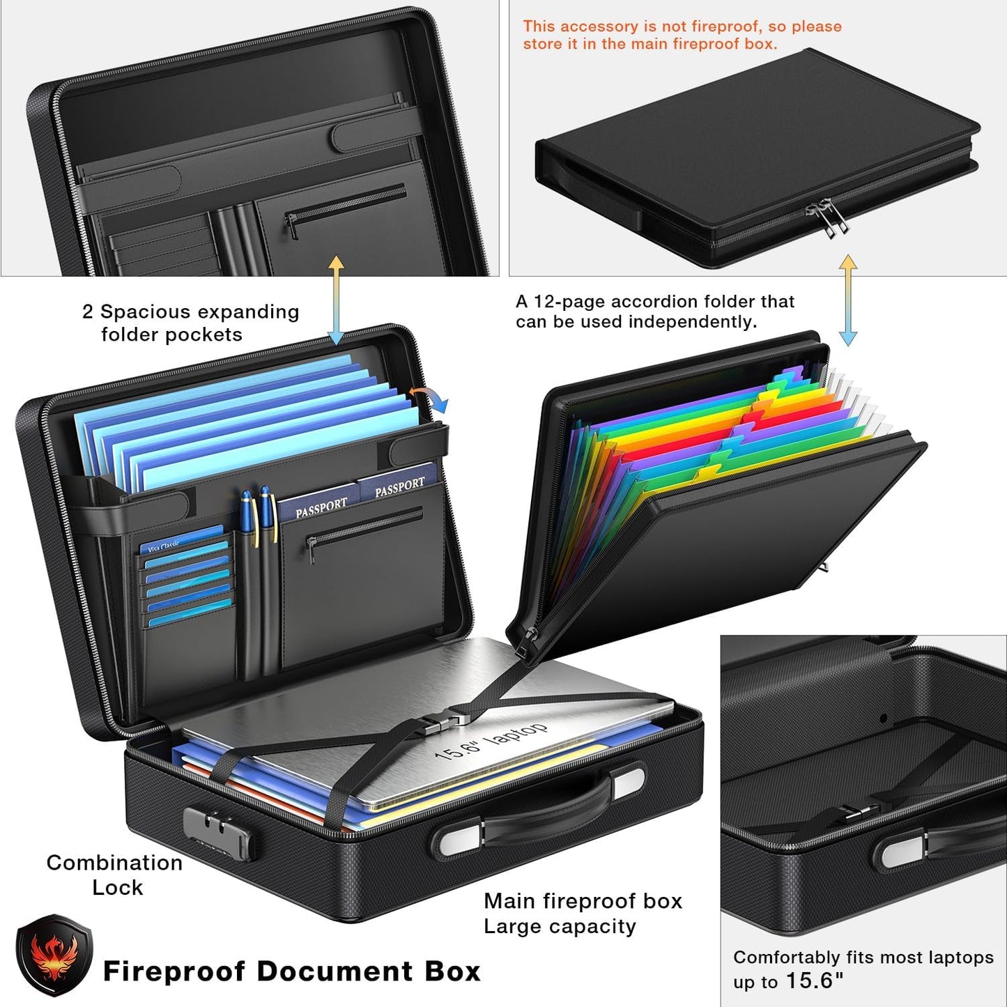 Fireproof Document Box with Fireproof Zipper, Hard Inner Shell Fireproof Document Bag with Lock, Fireproof Water Resistant Important Document Organizer 16 inch Laptop File Briefcase (Black)