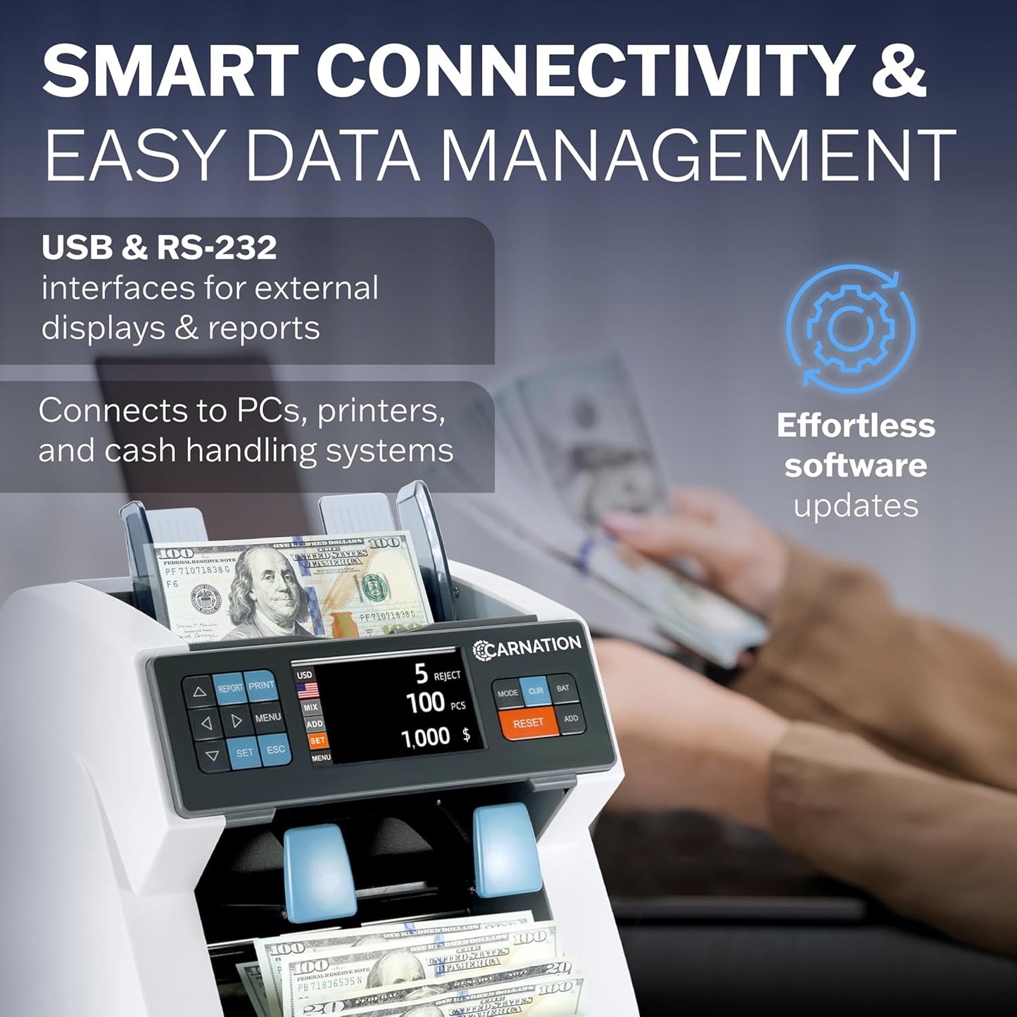 Carnation CR8 Mixed Denomination Money Sorter with Built-in Printer – Bank-Grade Bill Counter with Counterfeit Detection, Serial Number Tracking, Multi-Currency Support & 2 CIS Sensors