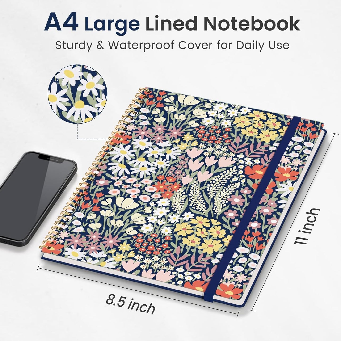 Taja Spiral Lined Notebook, 8.5"x11" Notebooks for Work, Large A4 Journal for Women & Men, College Ruled Journaling Notebook for Writing, Plastic Cover Spiral Journal, Spring Meadow