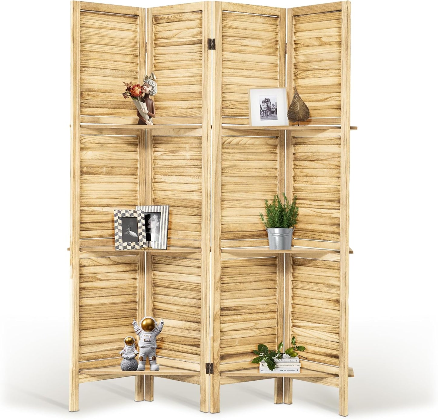 Room Divider with Shelves, 5.6FT Folding Room Divider Panel, 4 Panel Wood Partition Wall Divider for Room Separation, Natural Wood
