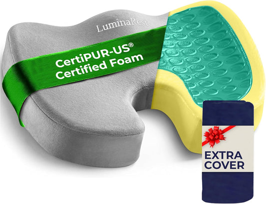 LuminaRest® Gel Enhanced Seat Cushion for Long Sitting – CertiPUR-US® Certified Memory Foam – Premium Gel Tailbone Pain Relief Cushion, Adaptable for Office, Car, Airplane & Wheelchair – (Gray)