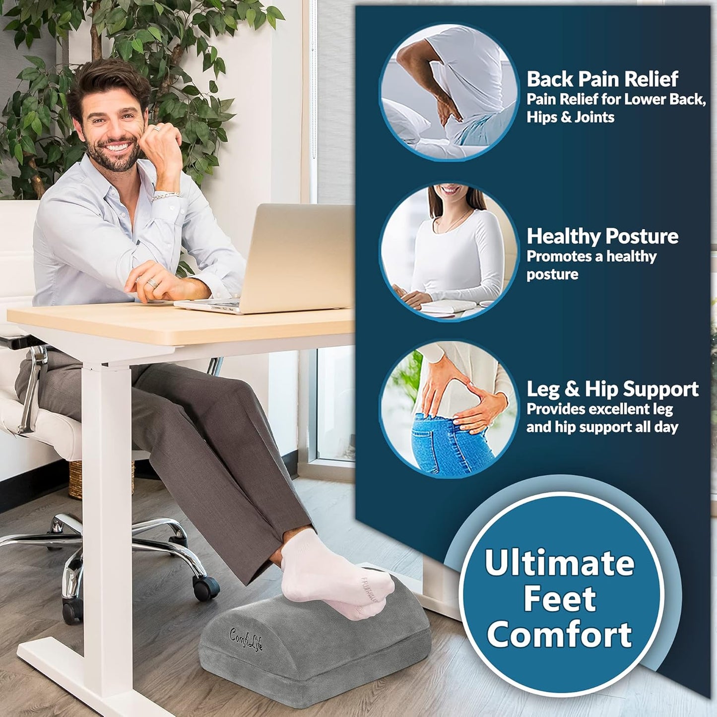 ComfiLife Foot Rest for Under Desk at Work – Adjustable Height Memory Foam Foot Stool for Under Desk, Office Chair & Gaming Chair – Ergonomic Footrest for Back & Hip Pain Relief (Gray)