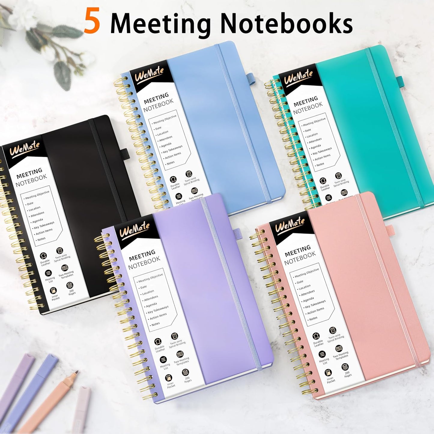 WEMATE 5 Pack Meeting Notebooks for Work（7"x10"） 200 Pages, PU Leather Notebook with Action Items & Note, For Staff & Students, Meeting, Projects Planning- Light Purple, Blue, Rose Gold, Green, Black