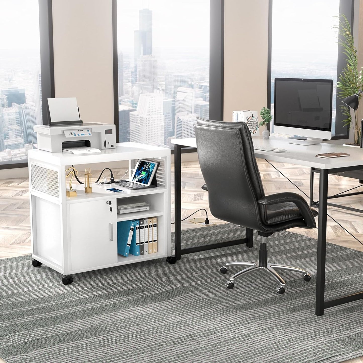 Unikito Rolling File Cabinet Lateral Office Filing Cabinets with Socket and USB Charging Port, Modern Printer Stand on Wheels, Printer Cabinet with Door and Open Storage, Lockable, White