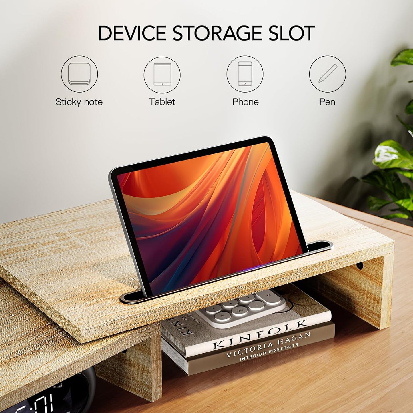 AMERIERGO Dual Monitor Stand Riser- 3 Shelf Screen Stand with Adjustable Length and Angle, 2 Extra Functional Slot Desktop Organizer Stand for PC, Computer, Laptop (Light Wood)