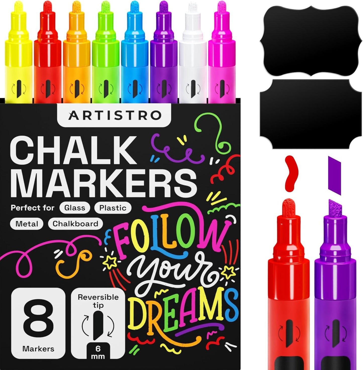 ARTISTRO Liquid Chalk Markers, Erasable, Pre-Activated Medium Tip for Glass or First Day of School Sign, Chalkboard Markers with White Chalk for Kids & Adults (Chisel Tip)
