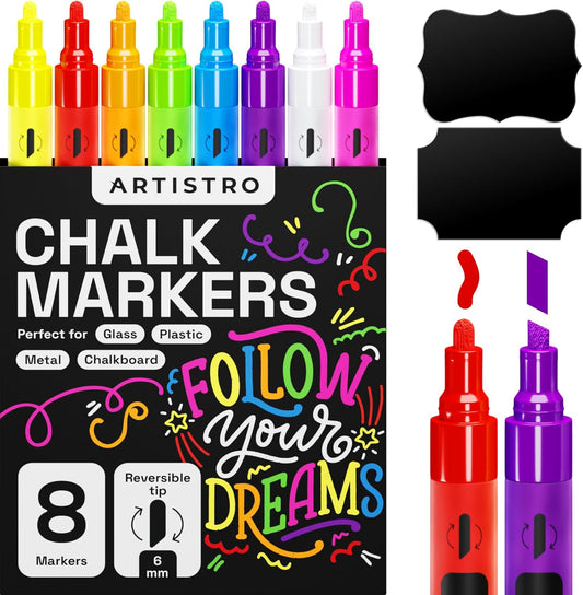 ARTISTRO Liquid Chalk Markers, Erasable, Pre-Activated Medium Tip for Glass or First Day of School Sign, Chalkboard Markers with White Chalk for Kids & Adults (Chisel Tip)