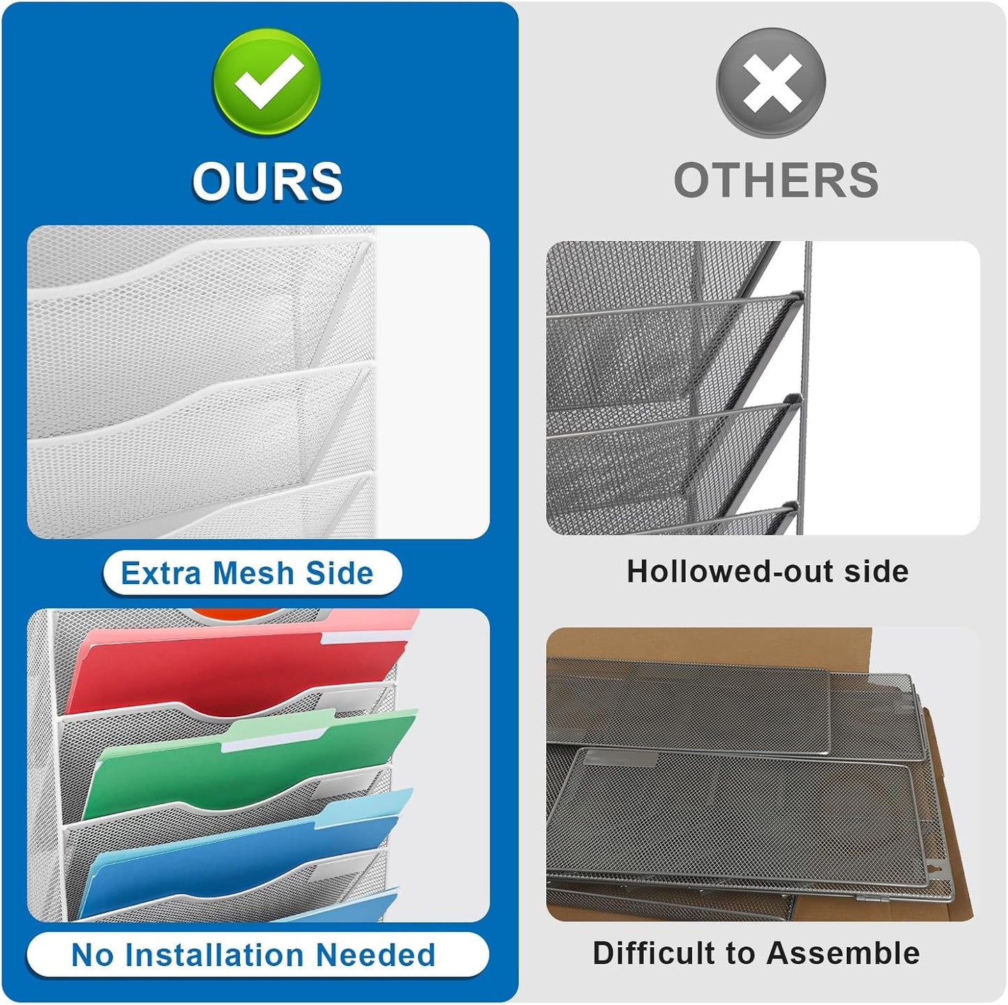 EASEPRES 10 Pocket Mesh Hanging Wall File Organizer, Wall Mounted Mail Paper Document Folder Holder, Clipboard Storage Organization Magazine Rack with Nametag Label for Office Home School, White