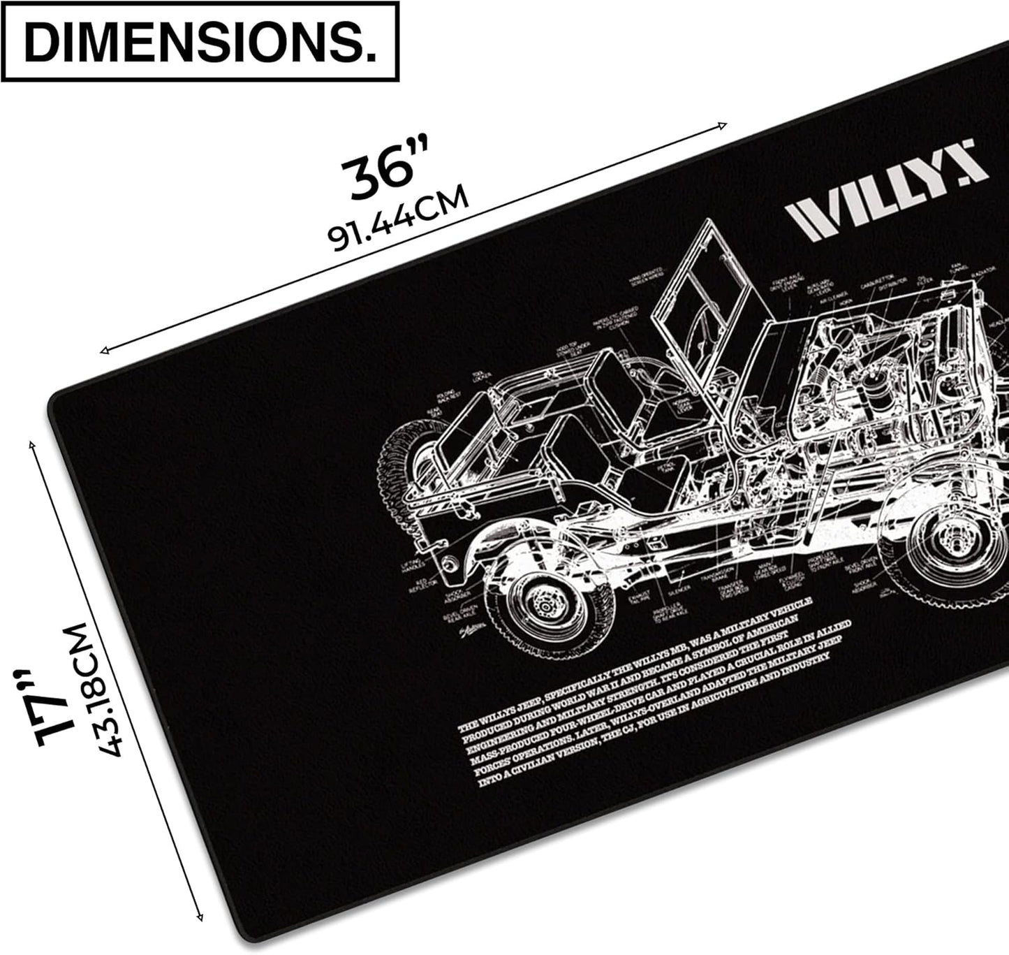 MPCO. Blueprints Large Gaming Desk Pad - 36" x 17" Aeroglyde Fabric Willys Jeep – Black Desk Mats - Non-Slip, Washable, Smooth Glide for Precision Gaming & Work