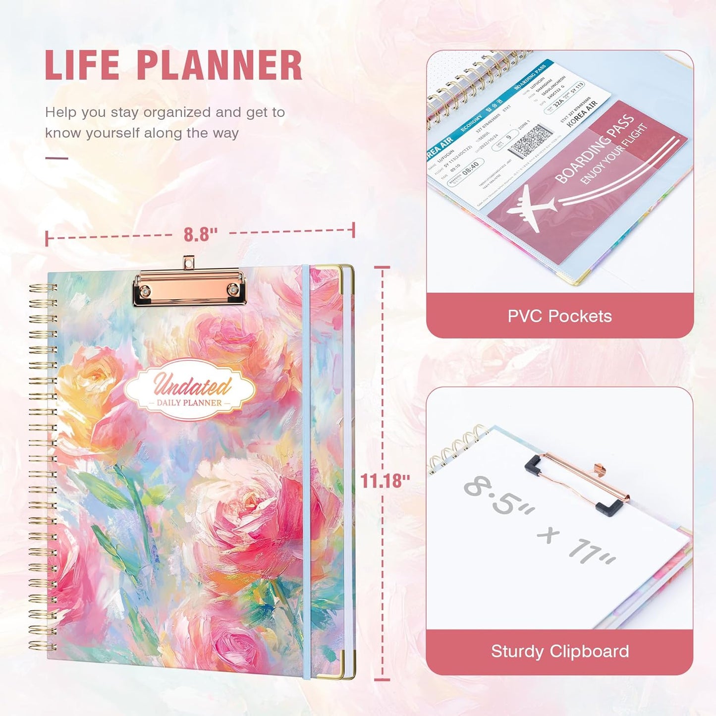 Ospelelf Undated Spiral Bound Planner Daily, Weekly and Monthly Planner, Pink Teacher Student Planner 12 Month 8.5 x 11