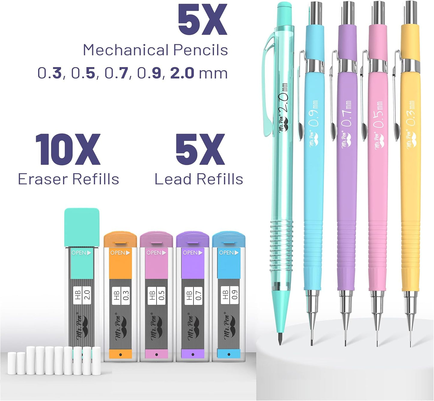 Mr. Pen- Pastel Mechanical Pencil Set with Lead and Eraser Refills, 5 Sizes, 0.3, 0.5, 0.7, 0.9, 2mm, Mechanical Pencils for Drawing and Sketching, Cute Pencils, Mechanical Pencil