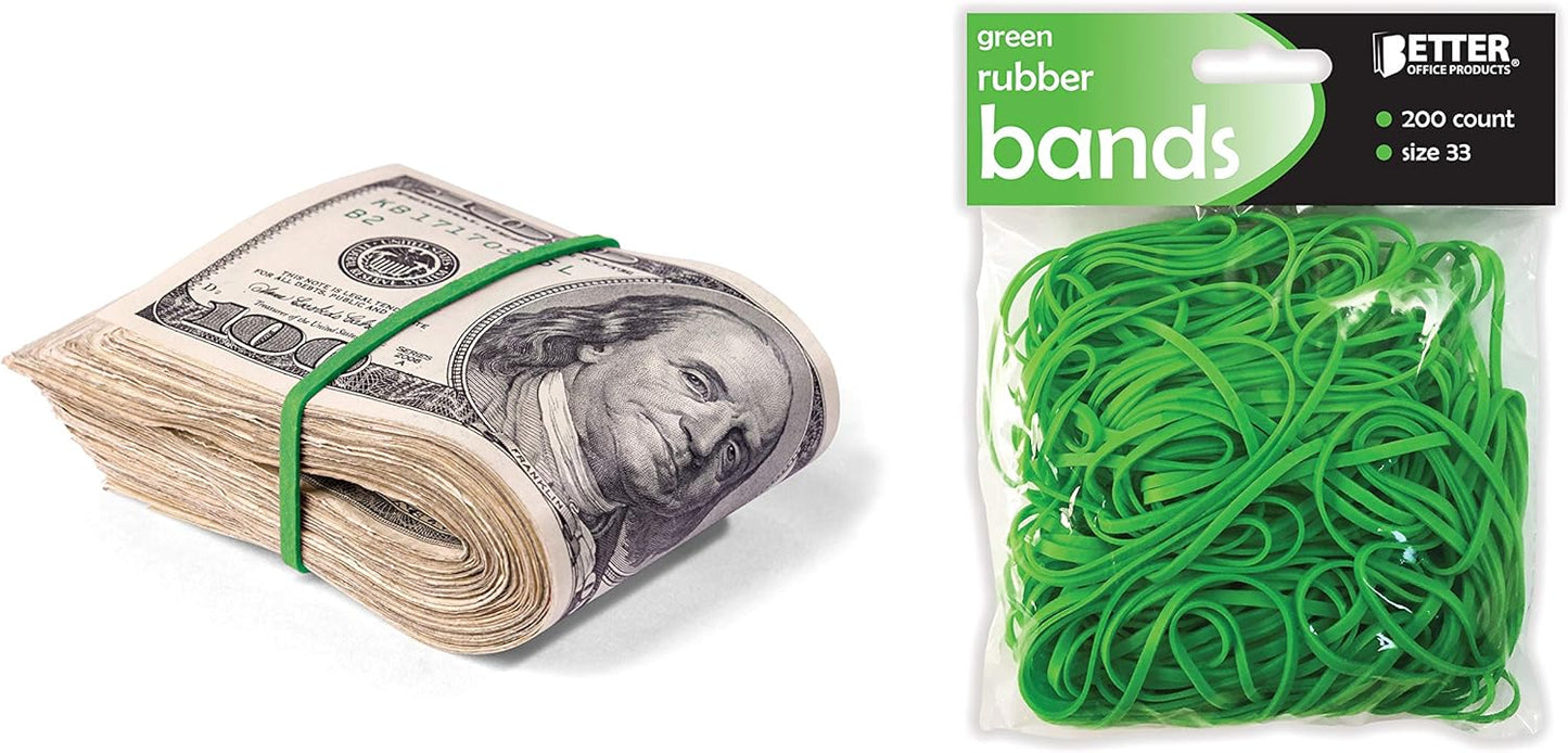Better Office Products 200 Bright Green Rubber Bands, Size 33, 200/Bag