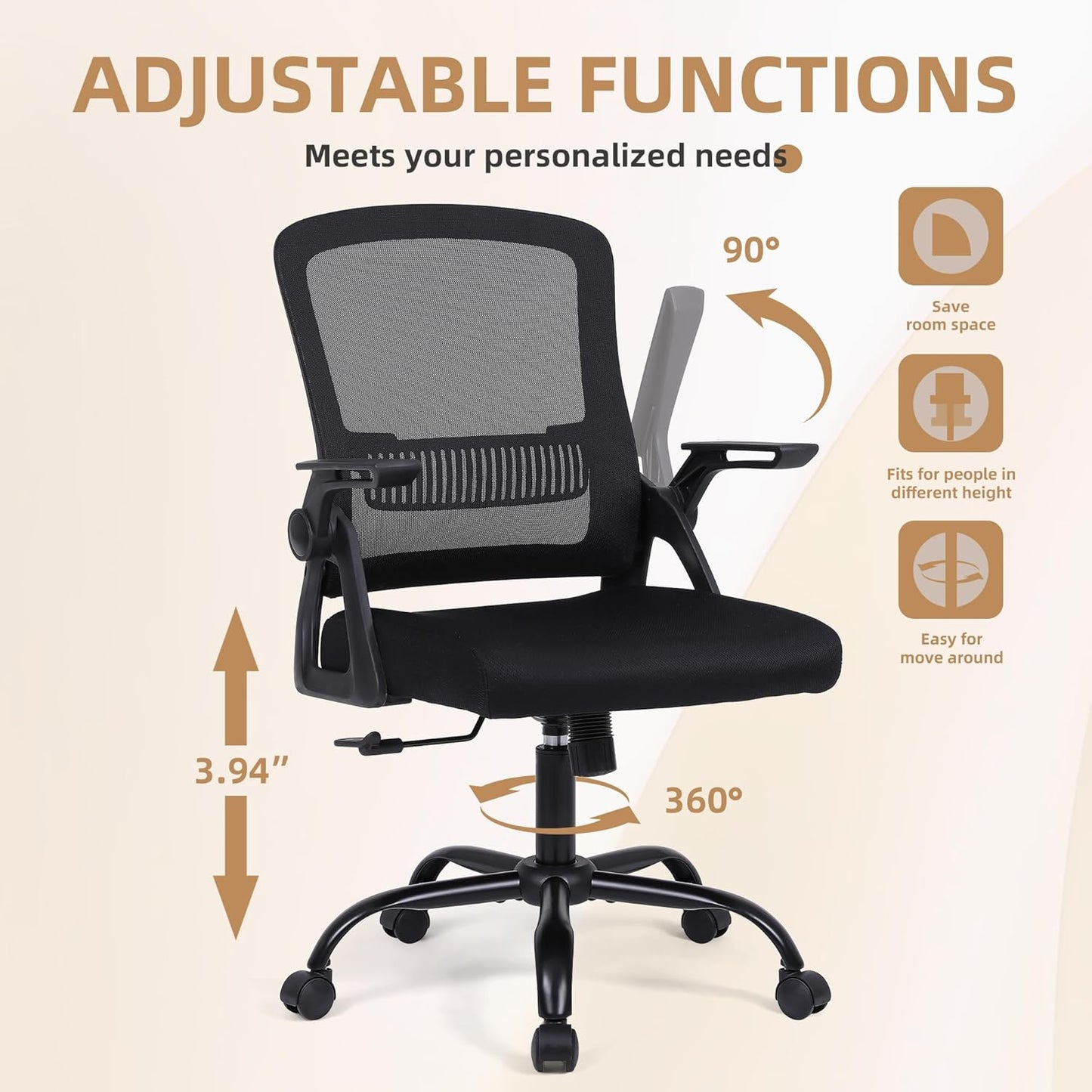 Office Chair, Ergonomic Desk Chair with Lumbar Support, Breathable Mesh Chair with Flip-up Armrests and Mid Back, Comfy Task Computer Height Adjustable Swivel Chair (8, Black)