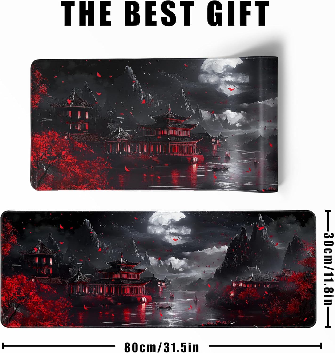 Japanese Riverside Full Moon Desk Mat Large Mouse Pad Gaming Mousepad Extended XL Keyboard Mat Computer Laptop Mouse Desktop Mat 31.5 X 11.8 Desk Decor