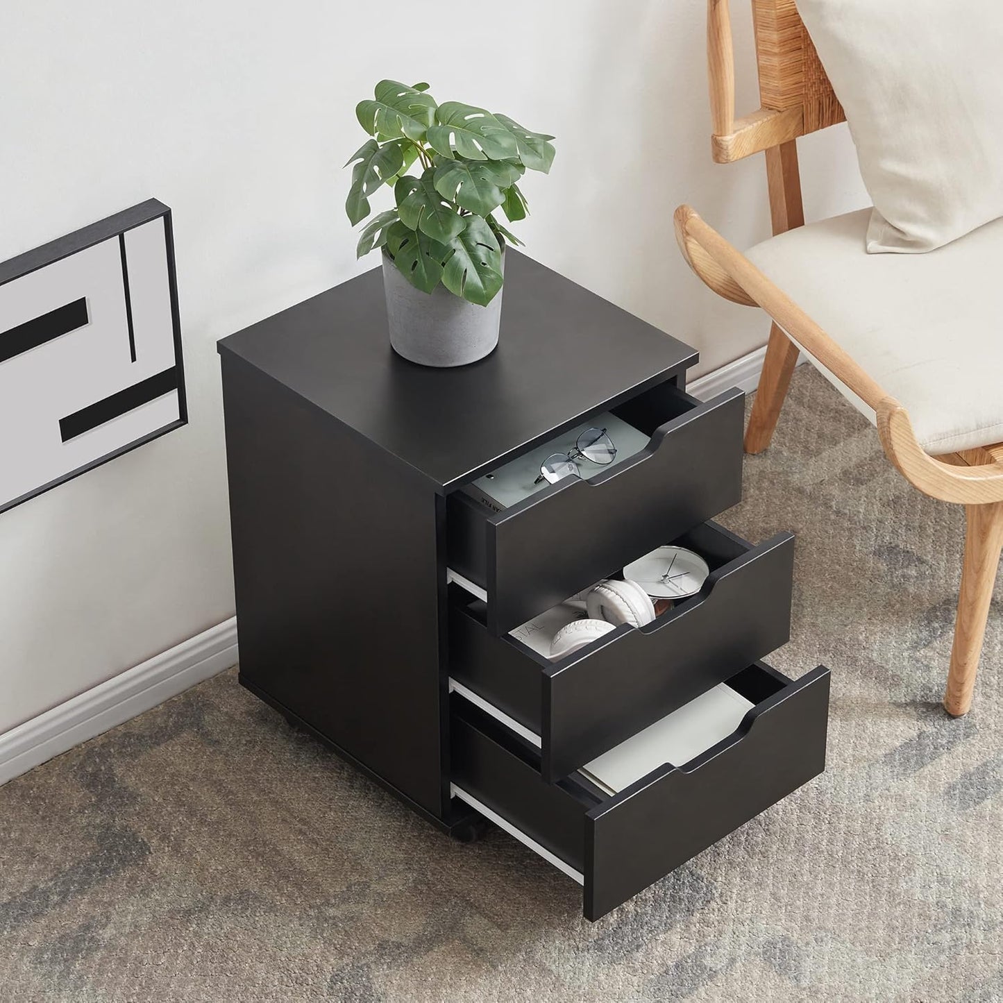 Farini 3-Drawer Vertical Filing Cabinet Rolling Wood Mobile File Cabinets Under Desk for Home Office with Casters (Black, Non-Assembled)