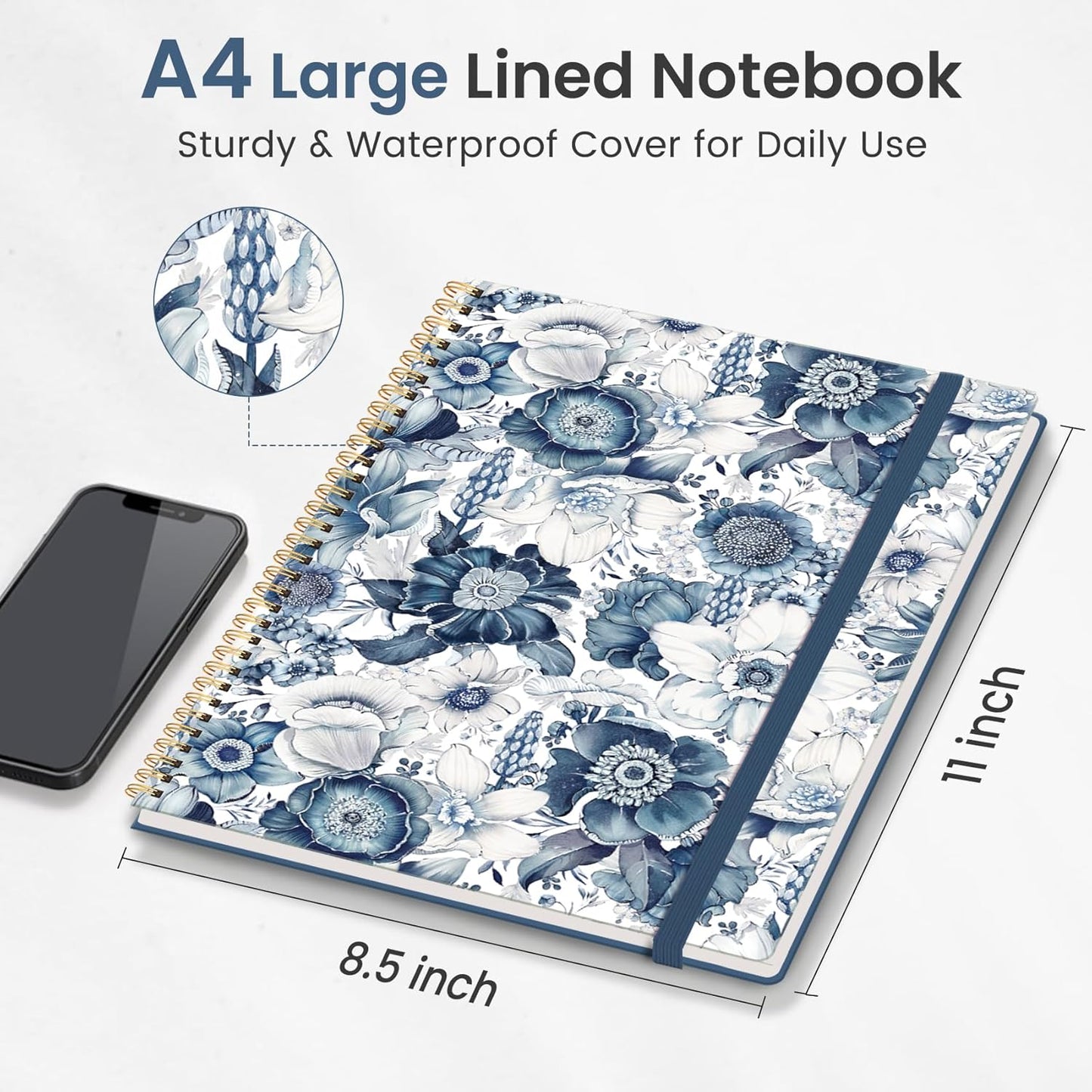 Taja Spiral Lined Notebook, 8.5"x11" Notebooks for Work, Large A4 Journal for Women & Men, College Ruled Journaling Notebook for Writing, Plastic Cover Spiral Journal, Blue Floral