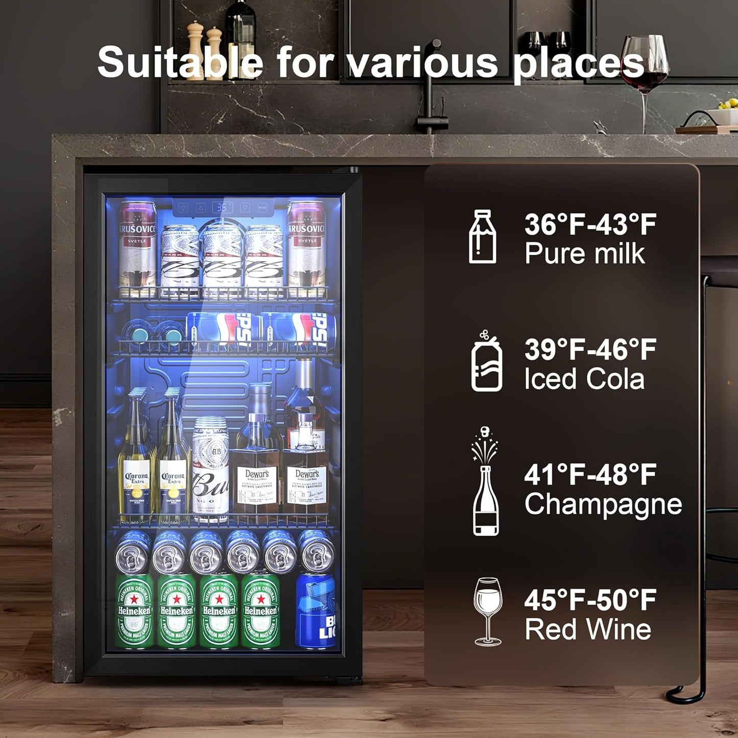 Beverage Refrigerator Cooler, 120 Can Drink Fridge with Glass Door for Soda Beer or Wine, Digital Temperature Control, Mini Fridge for Bedroom, Bar, Office (Black, 3.23 Cu.Ft)
