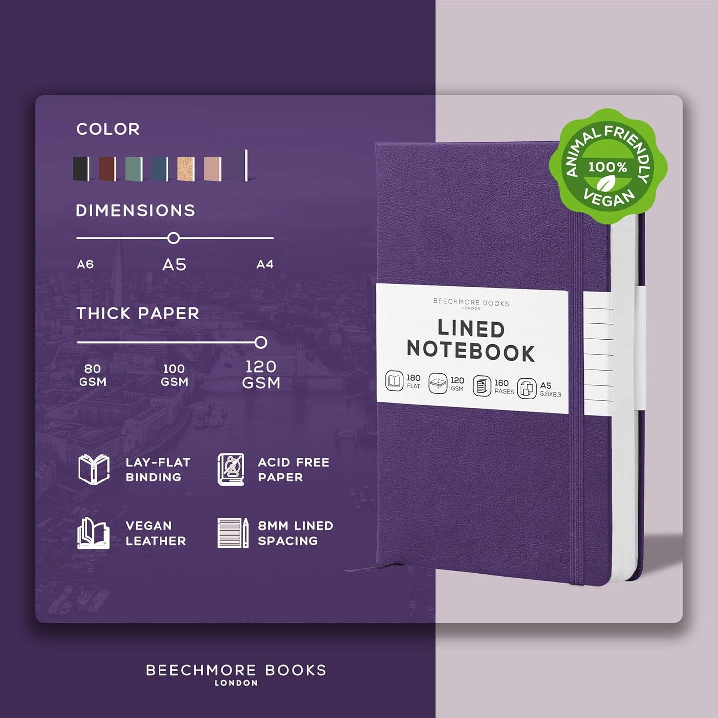 BEECHMORE BOOKS Lined Journal Notebook, 5.8 x 8.3 inch, A5 160 Lined Pages, Hardcover Leather Journals for Women, Men, Writing and Notebooks for Work - 120 GSM Thick Paper, Gifts Box Included