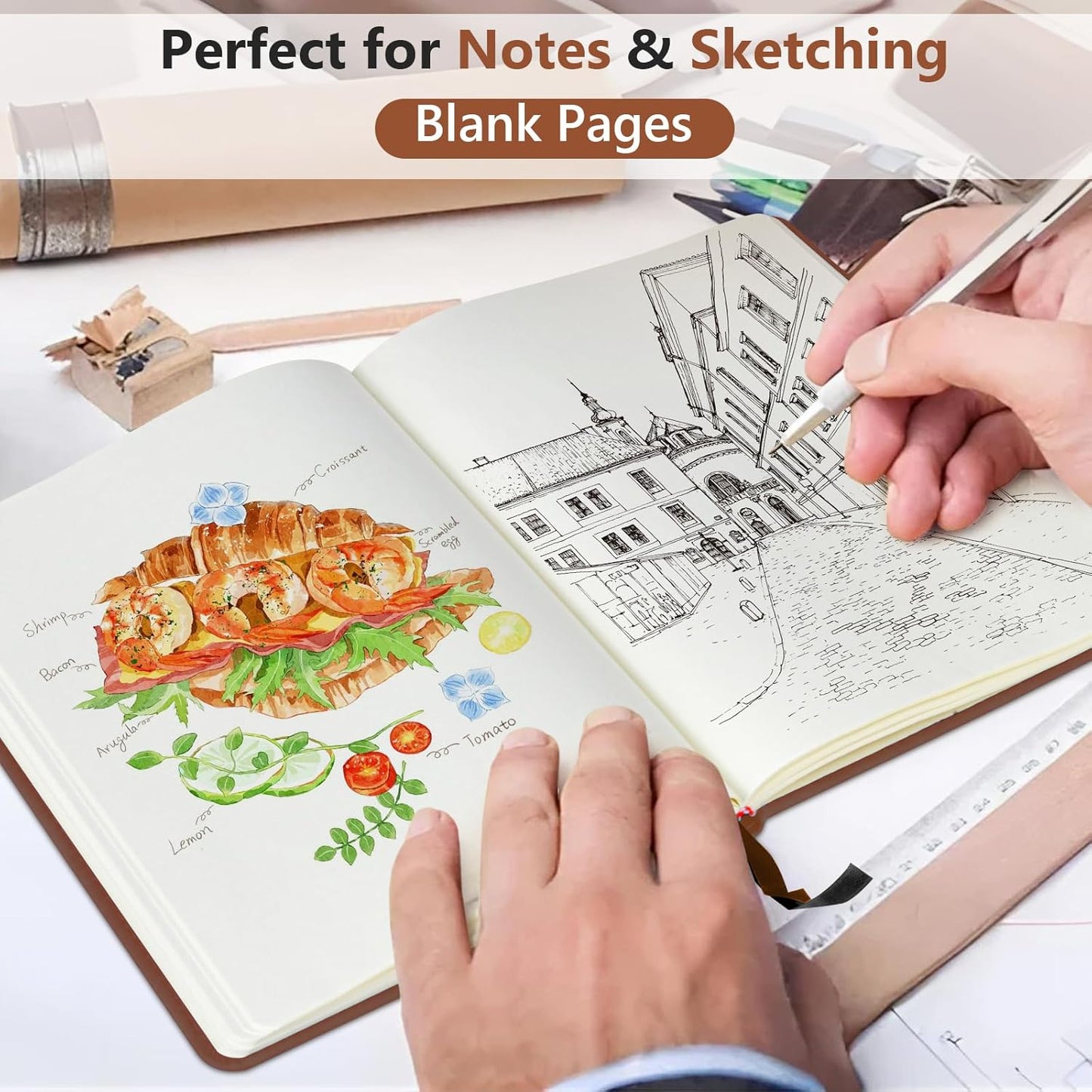 PERCUN Blank Journal Ntebook for Men & Women, 160 Pages Blank Journals for Writing, Drawing,Sketch Book,5.9" x 8.5" Leather Sketchbook, Unlined Notebook for Work, School, Art - Brown