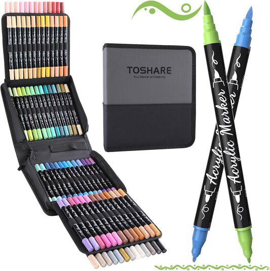 80 Colors Acrylic Paint Markers, Waterproof Dual Tip Acrylic Paint Pens with Brush and Fine Tip, Markers Set for Paper, Rock, Wood, Canvas, Glass, Ceramic and DIY Crafts Making Art Supplies
