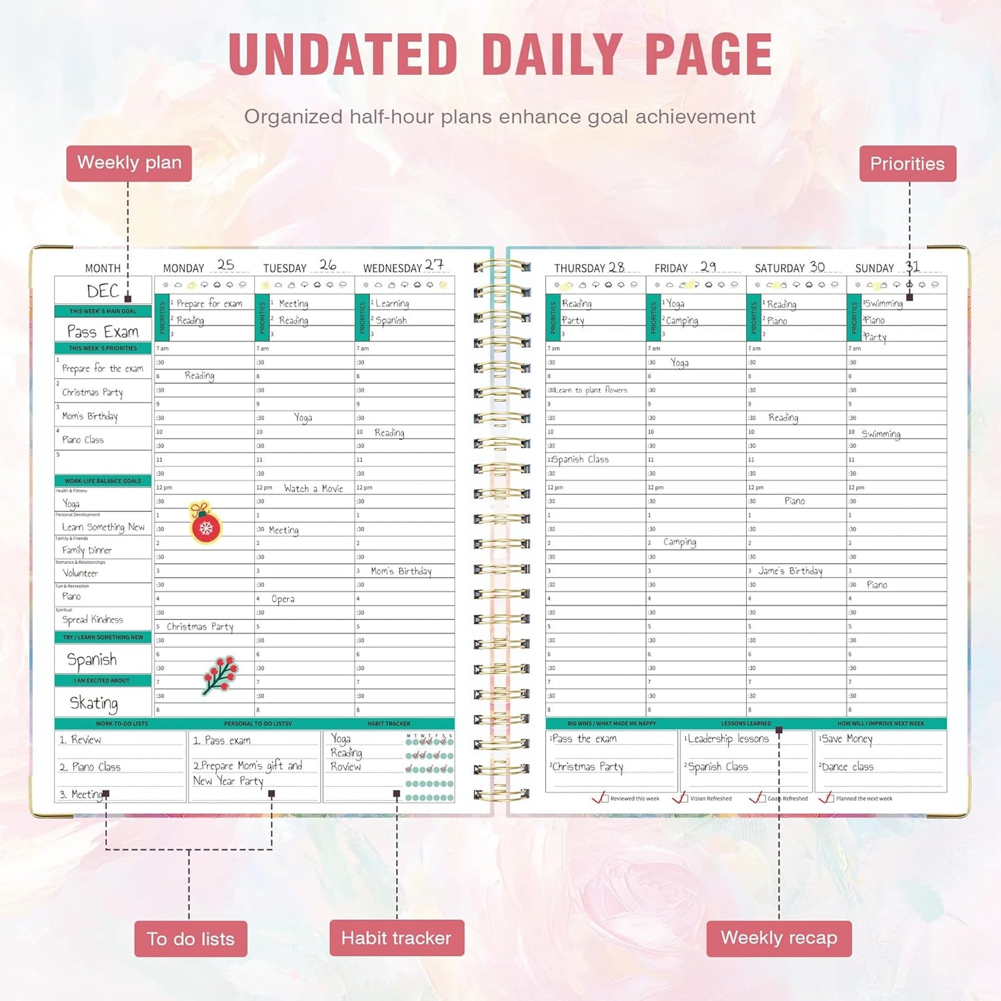 Ospelelf Undated Spiral Bound Planner Daily, Weekly and Monthly Planner, Pink Teacher Student Planner 12 Month 8.5 x 11