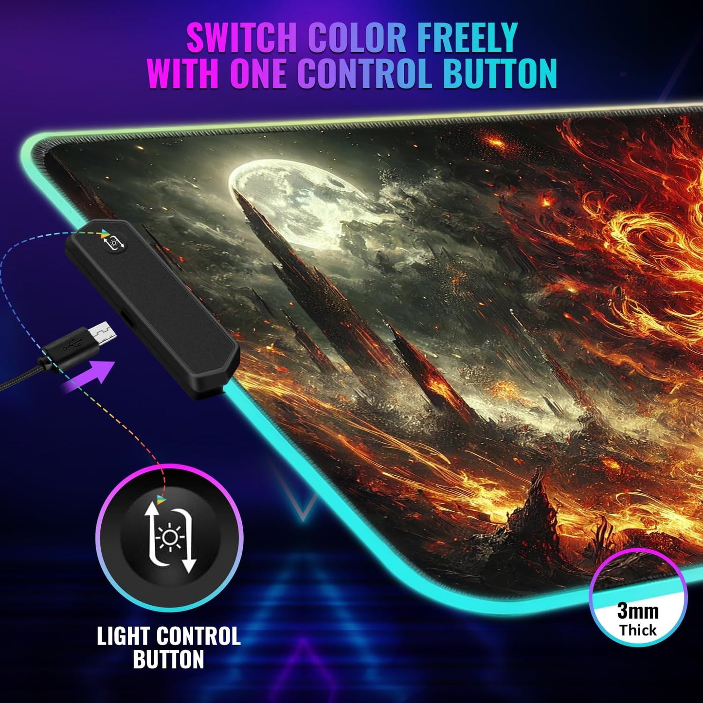 Gaming Mouse Pad - Desk Mat Gaming Mouse Pad , Medium Extra Large Extended Big Long Huge XL XXL and XXXL RGB LED Light Mousepad For a Computer , PC Mats Mousepads Hellfire Crusader