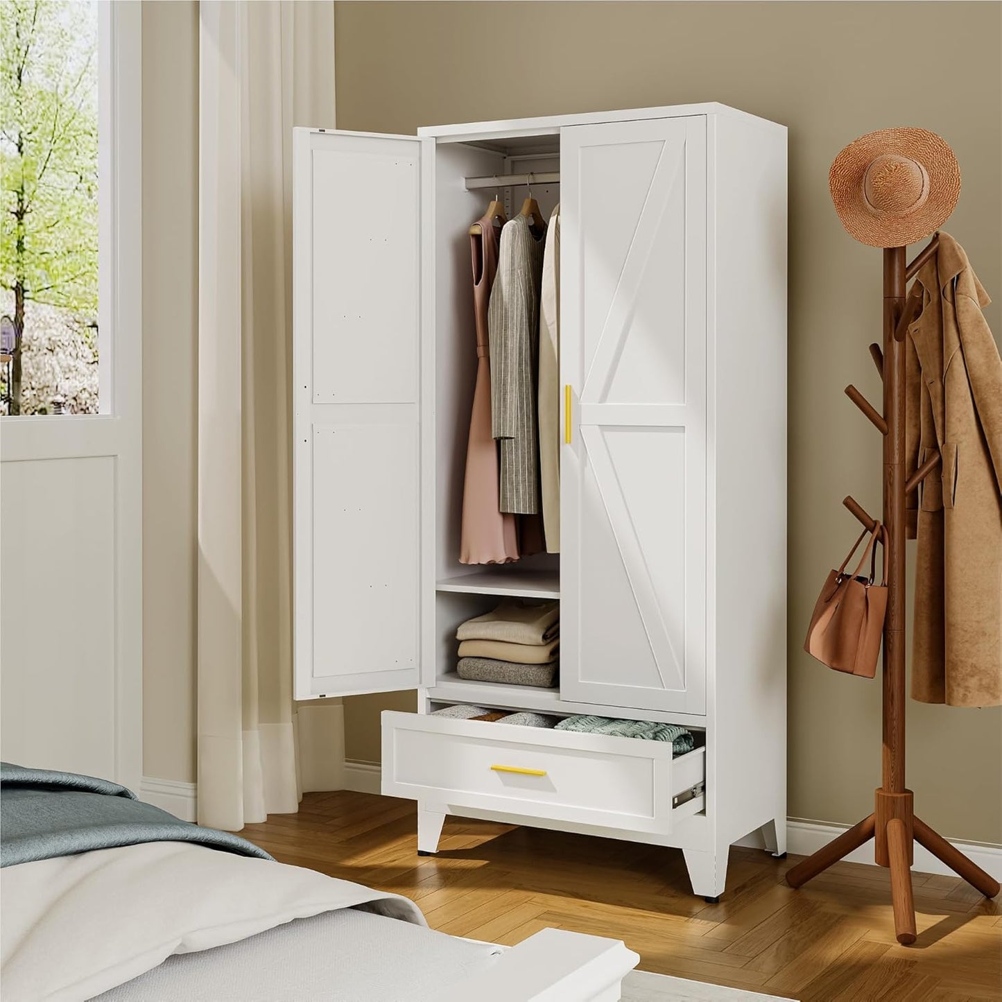 Farmhouse Wardrobe Cabinet with One Drawers,Metal Wardrobe Closet with Hanging Rod,Metal Armoire with Adjustable Shelves for Bedroom,Living Room, Cloak Room,Office (White)