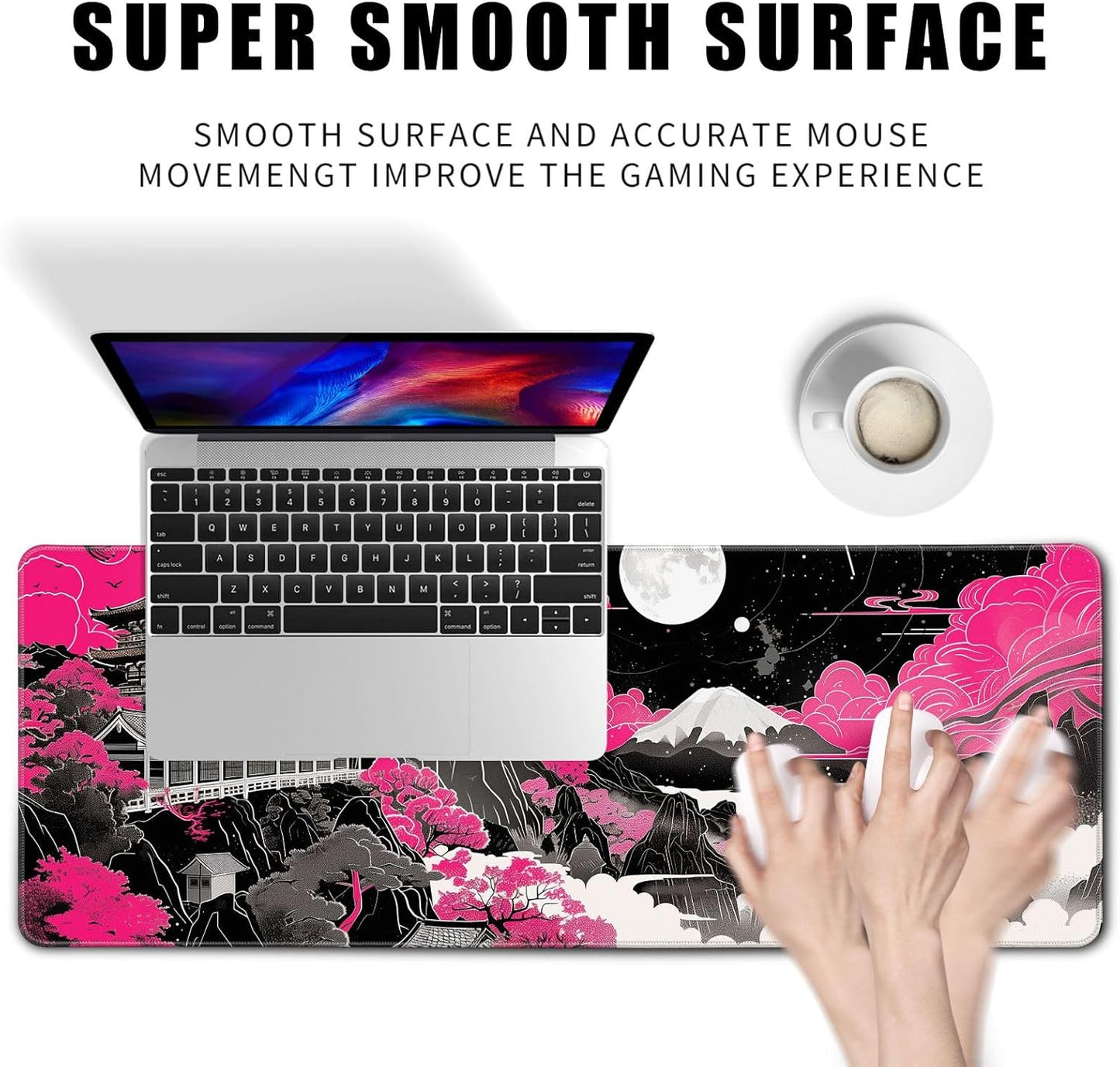 Future Kyoto Mouse Desk Pad Japanese Pink Desk Mat Desk Decor Black White Large Gaming Mouse Pad for Desk Mousepad Computer Office Keyboard Laptop Big Mouse Pad Xl-31.5x11.8 in