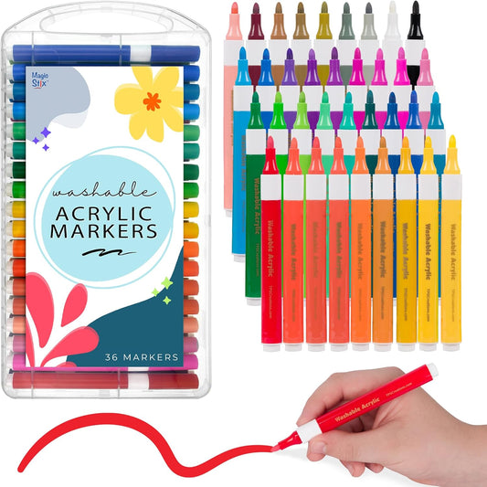 The Pencil Grip Magic Stix Washable Acrylic Markers for Kids and Teens, 36 Non-Toxic Colors, Allergen-Free, Vibrant Paint Pens for Crafting and DIY