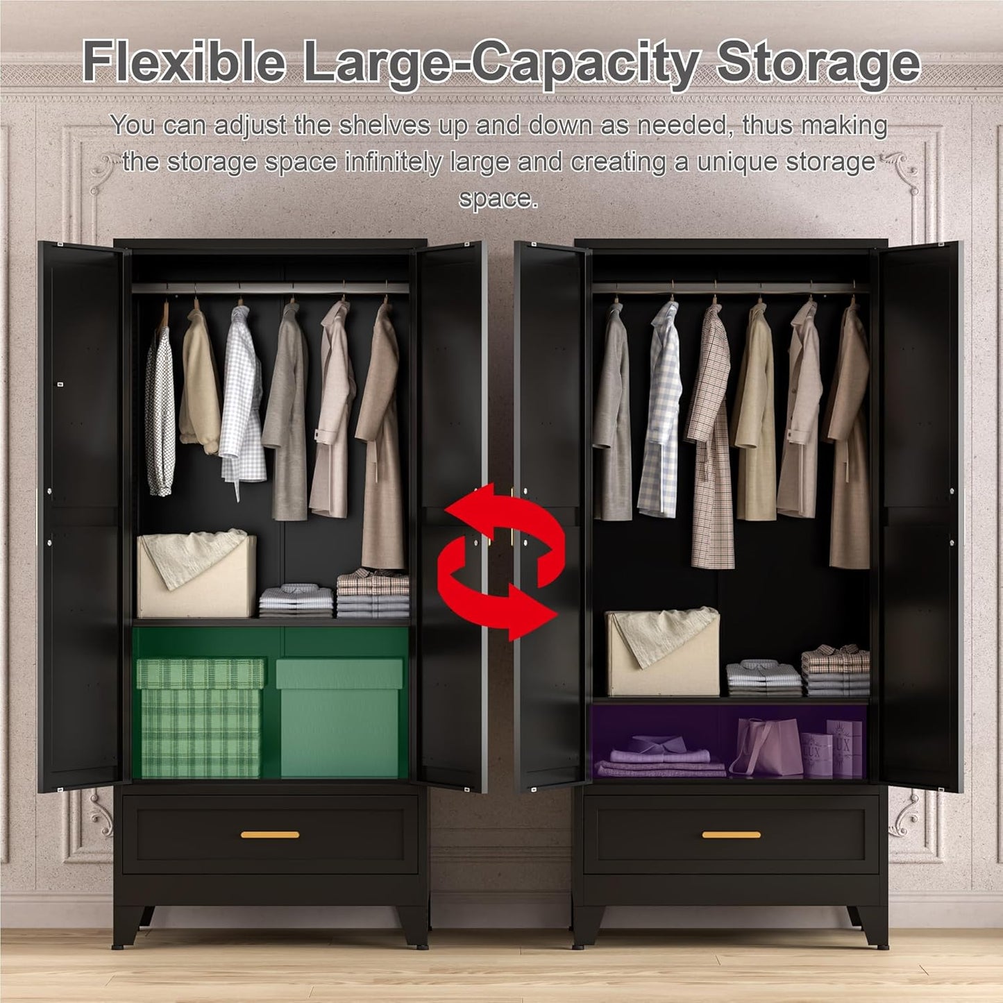 71'' Black Farmhouse Metal Wardrobe Cabinet with Hanging Rod, 2 Barn Door Wardrobe Closet with Adjustable Shelves,Drawer,for Dining Room,Bedroom,Living Room, Cloak Room,Office