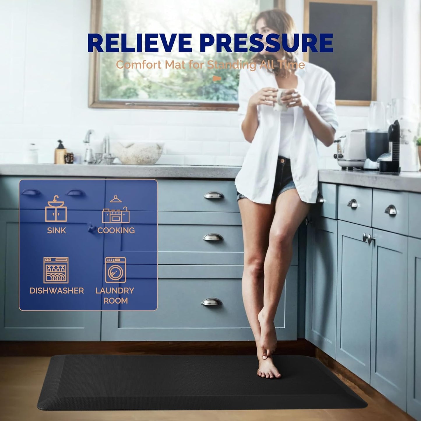 FEATOL Anti Fatigue Mat for Kitchen Floor – 9/10 Extra Thick Standing Cushioned Desk Mat Memory Foam, Ergonomic Floor Padded Comfort at Home, Kitchen, Office, Garage – NOT PVC (17" x 24", Black)