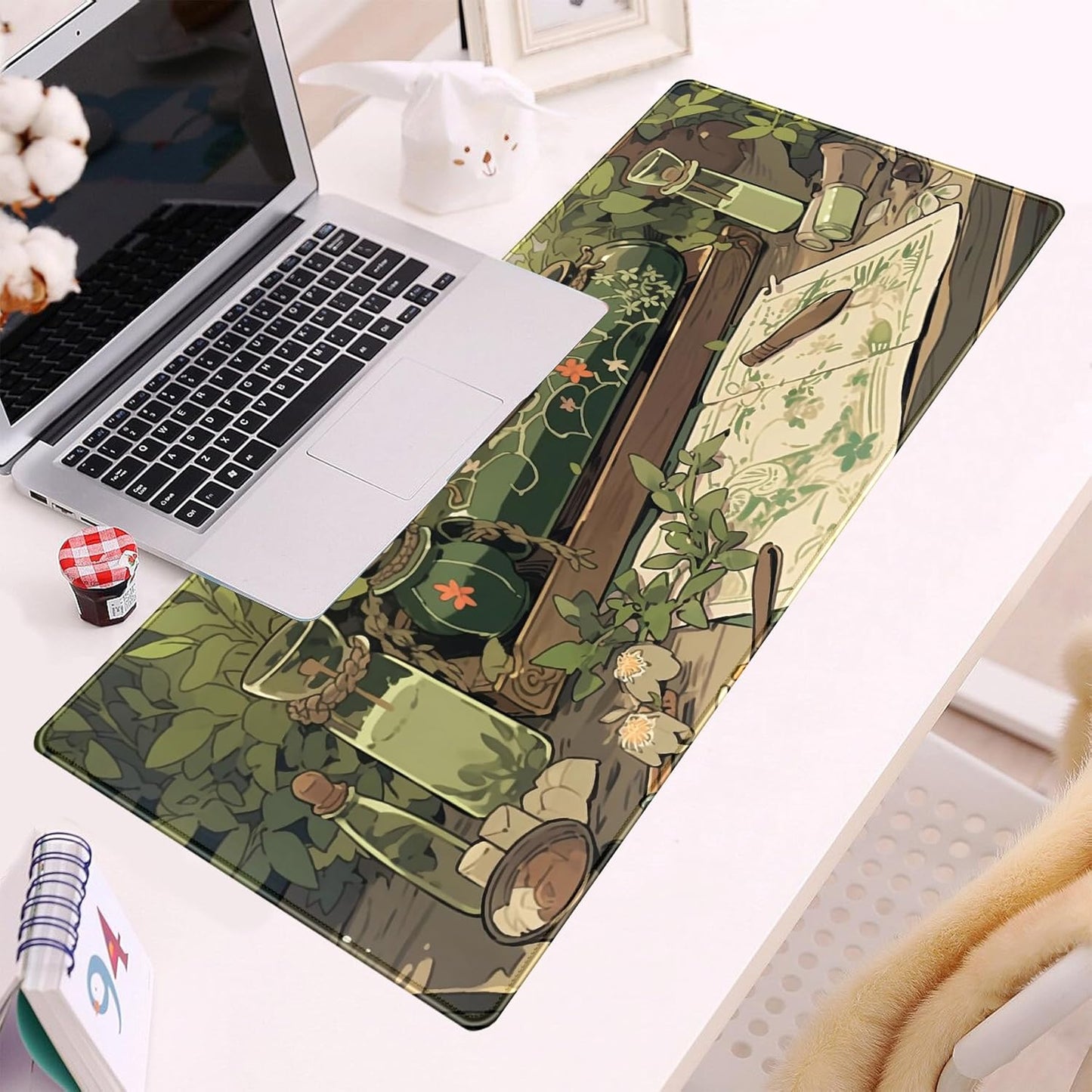 Cute Green Plants Desk Mat Anime Sage Mouse Pad Gaming Desk Pad XL, Kawaii Aesthetic Laptop Computer Keyboard and Mouse Mat, Desktop Decor Accessories Mousepad for Girl Women Office 31.5"x11.8"