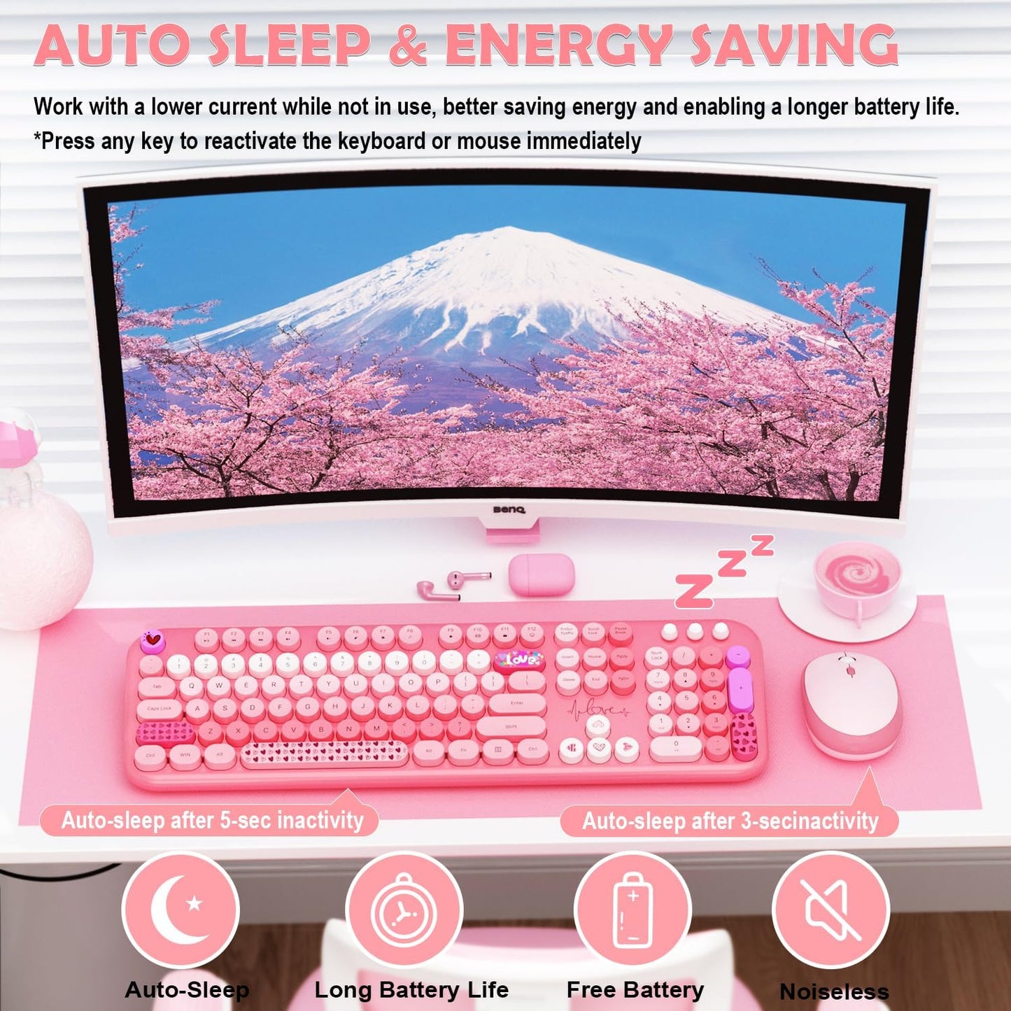 Wireless Keyboard and Mouse,MOFII 104 Round Keys Lovely Full-Size Cute Colorful Keyboard and Mouse with Retro Typewriter for PC/Mac/Laptop/Tablet/Computer/Windows Pink