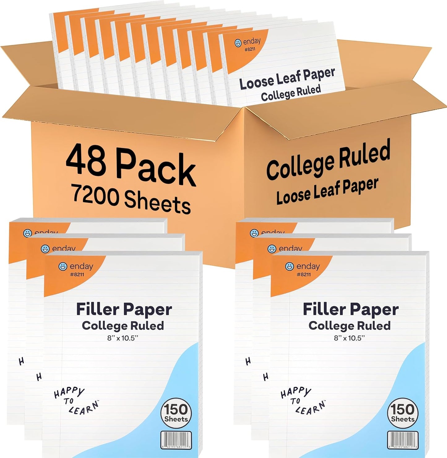 Loose Leaf Paper Bulk, 7200 Sheets, College Ruled, (48 Pack) 150 Sheets Per Pack, 8" x 10.5" White Filler Paper, 3 Hole Punched Binder Paper for 3 Ring Binders, Notebook Paper - By Enday